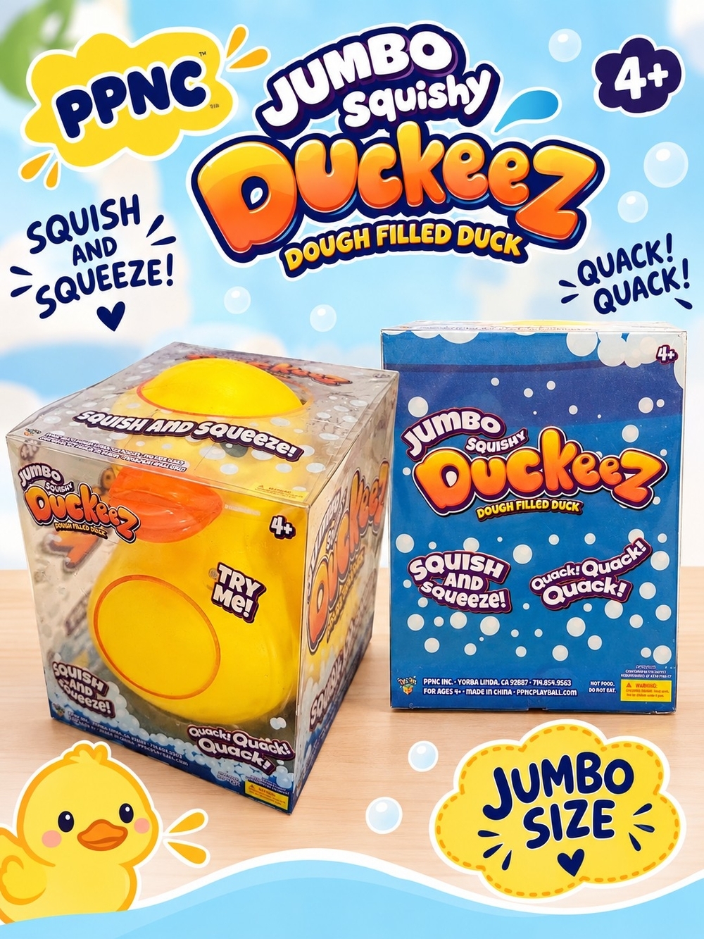 PPNC Jumbo Size Duckeez Squishy Duck Dough Filled Yellow Orange